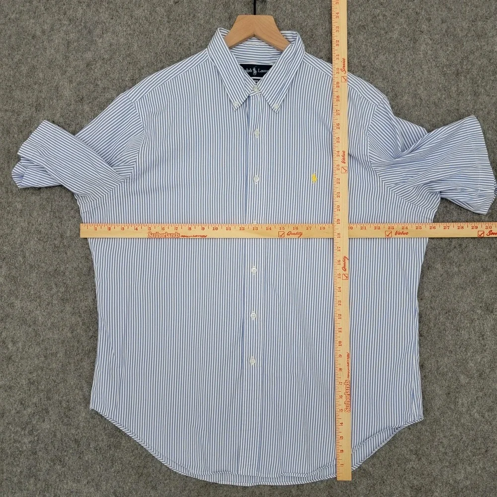 Ralph Lauren Shirt Mens XL Blue White Stripe Short‎ Sleeve Classic Yellow Pony
